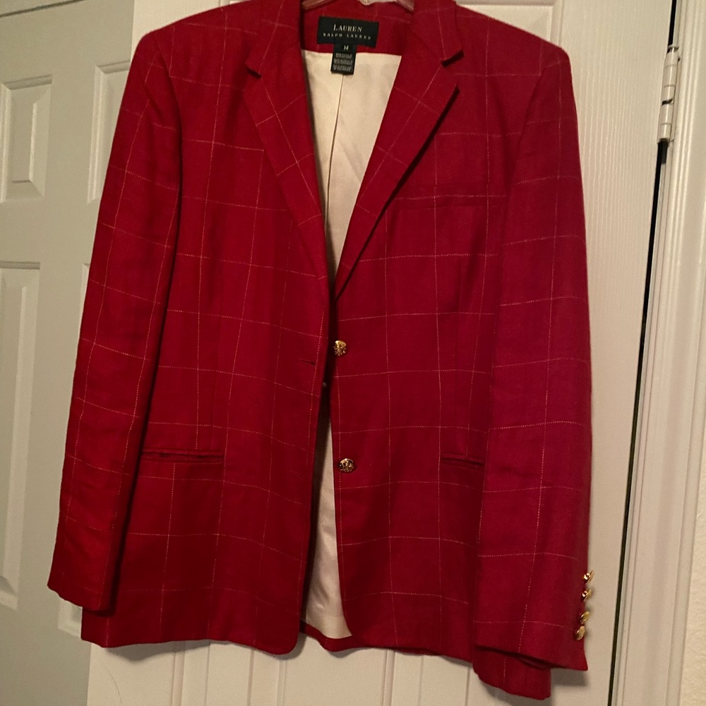 Ralph Lauren red w/ white striped linen blazer. Size 14.